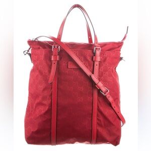 Gucci‎ Red GG Nylon Tote Bag with Leather Trim